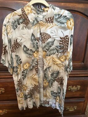 Casual Tropical Print Button-Down Shirt - Beige, Brown & Green
